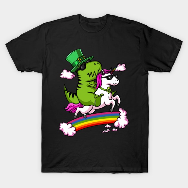 Leprechaun T-Rex Dinosaur Riding Unicorn St Patricks Day Irish T-Shirt by underheaven